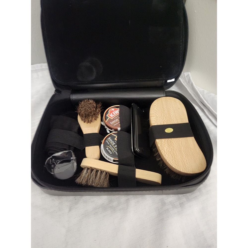 Vintage Grooming & Shoe Shine Travel Kit Kiwi Polish Safety Razor Black Case